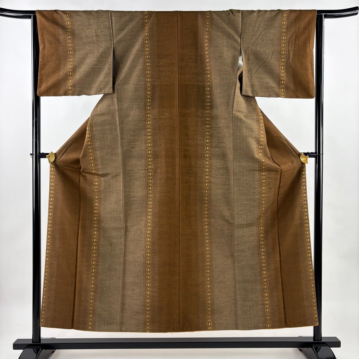 紬 身丈158cm 裄丈65cm M 袷 縦縞 茶緑色 正絹 優品｜中古・古着
