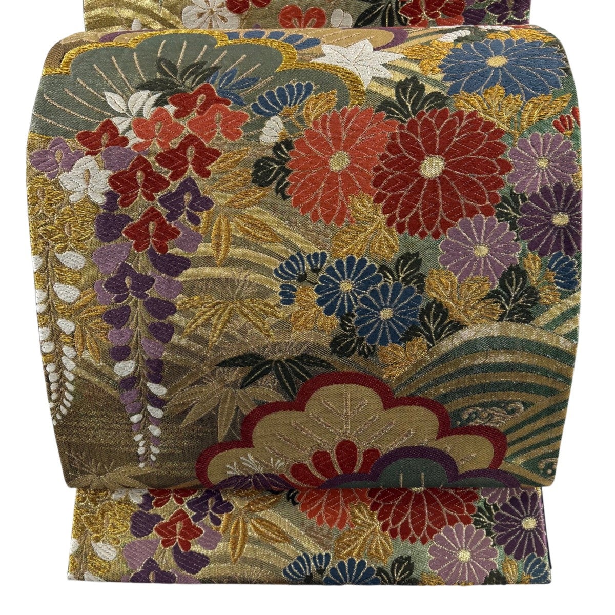 美品】 袋帯 秀品 関西仕立て 松竹梅 鶴 金糸 刺繍 サーモンピンク 六