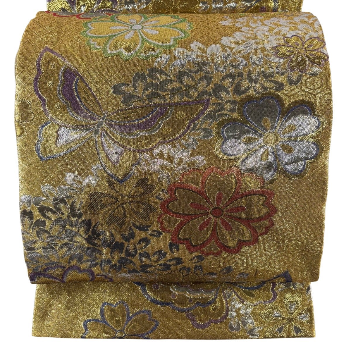 美品】 袋帯 秀品 花蝶 鳥 金糸 箔 金色 六通 正絹｜中古・古着