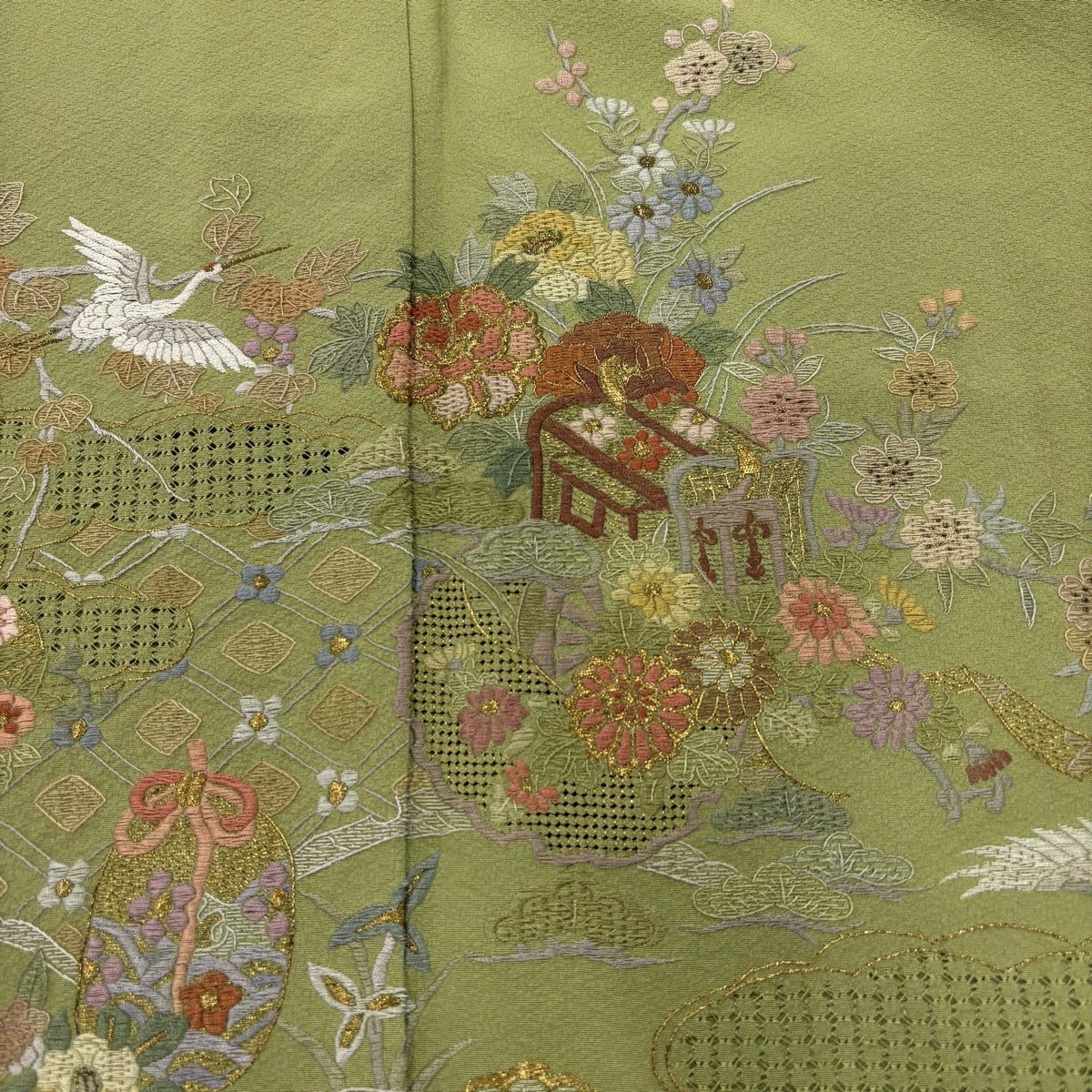 訪問着 身丈156cm 裄丈66.5cm M 袷 御所車 花鳥 刺繍 金糸 薄緑 正絹