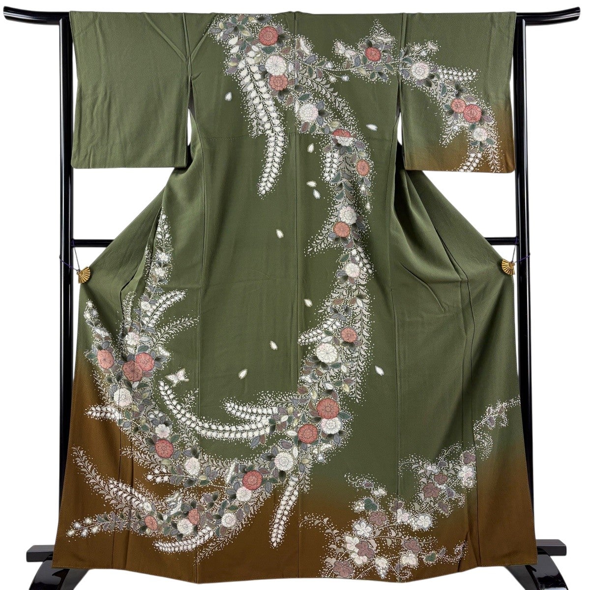 美品】 訪問着 身丈162cm 裄丈64.5cm M 袷 椿 流水 刺繍 絞り 黒 正絹
