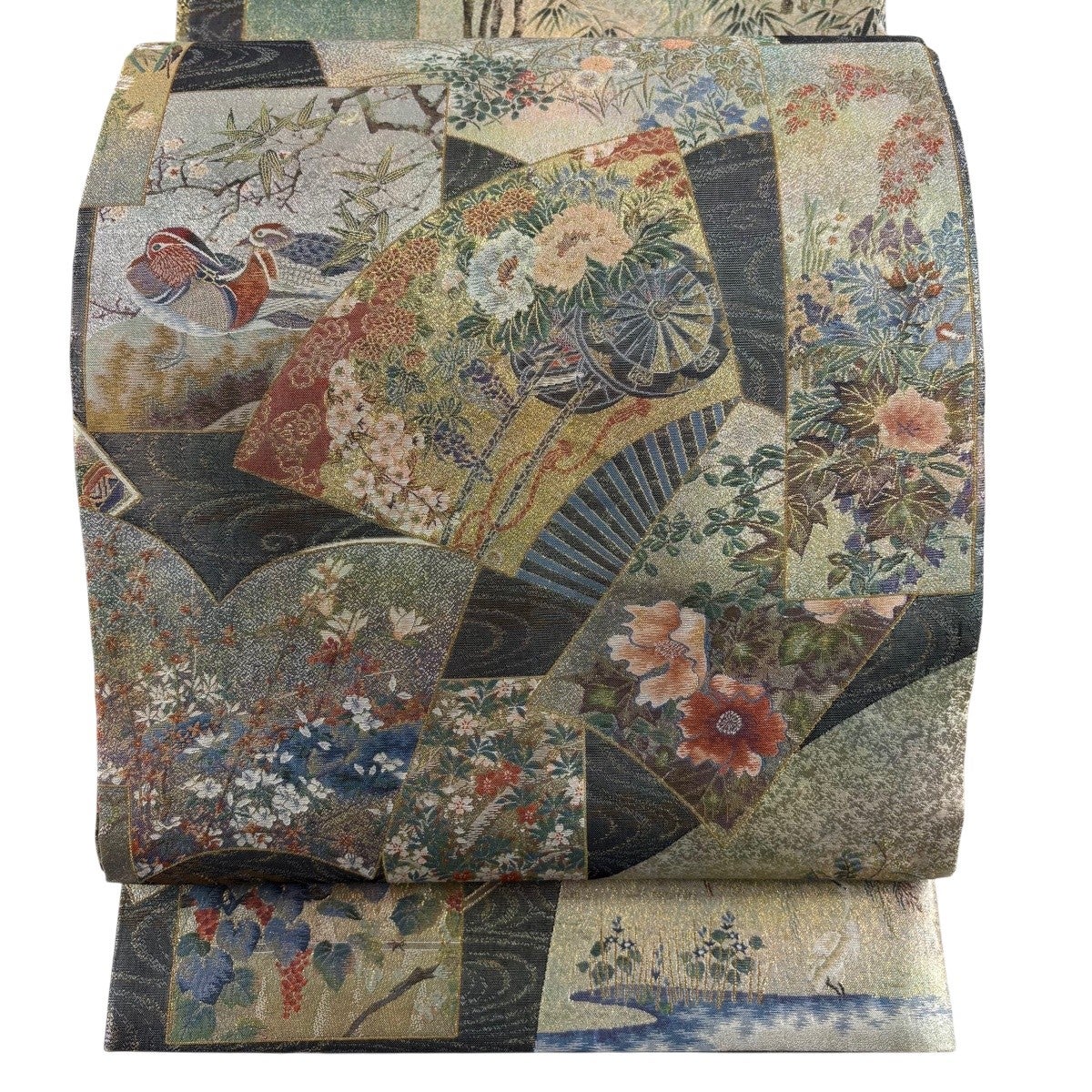 美品】 丸帯 逸品 プラチナ本金箔 日本絵画全集 草花 箔 金色 お太鼓柄