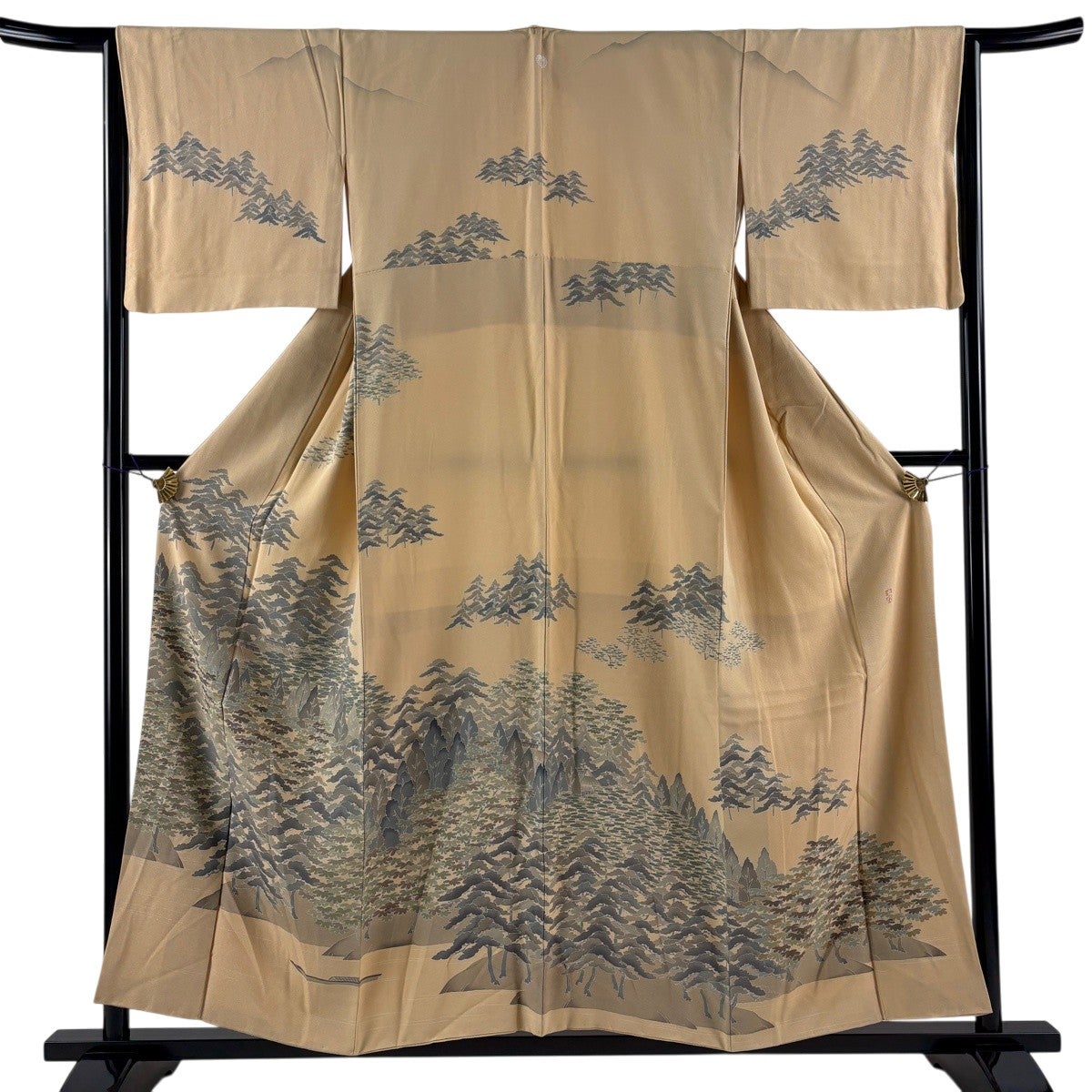訪問着 身丈155cm 裄丈65.5cm M 袷 田村哲彦 落款あり 樹木 家屋 薄茶