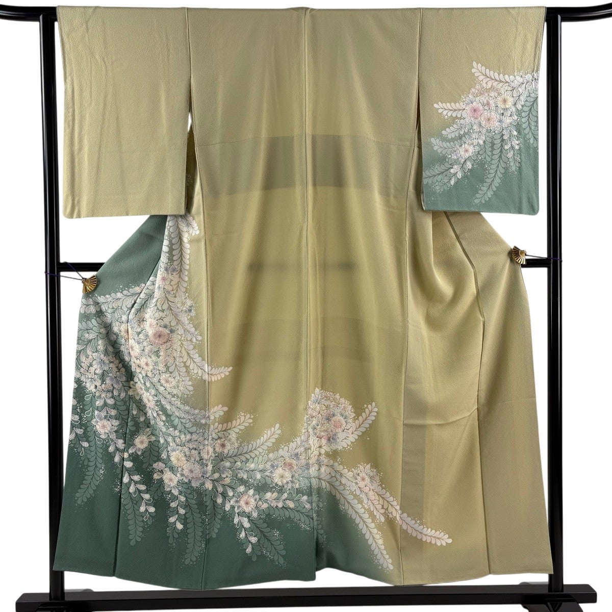 訪問着 身丈163cm 裄丈63.5cm S 袷 草花 鴛鴦 染め分け ぼかし 薄緑