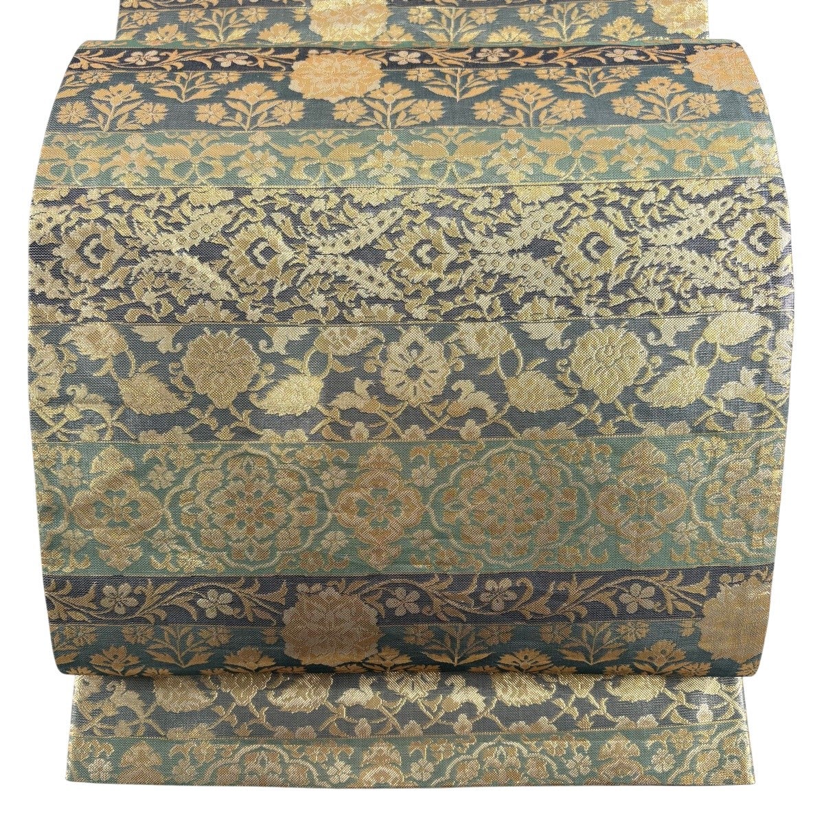 正絹 青緑と金の植物模様 袋帯 良品 美品】 袋帯 秀品 山 幾何学模様 箔 青緑 六通 正絹｜中古・古着