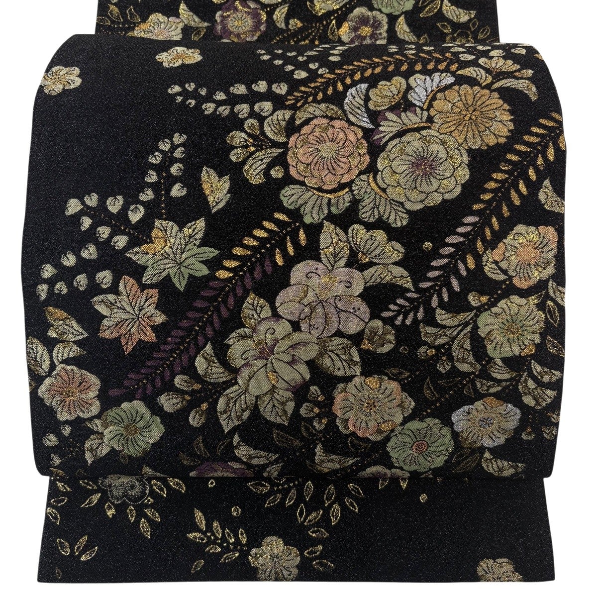 美品】 袋帯 名品 草花 鳥 箔 金糸 金色 お太鼓柄 正絹｜中古・古着