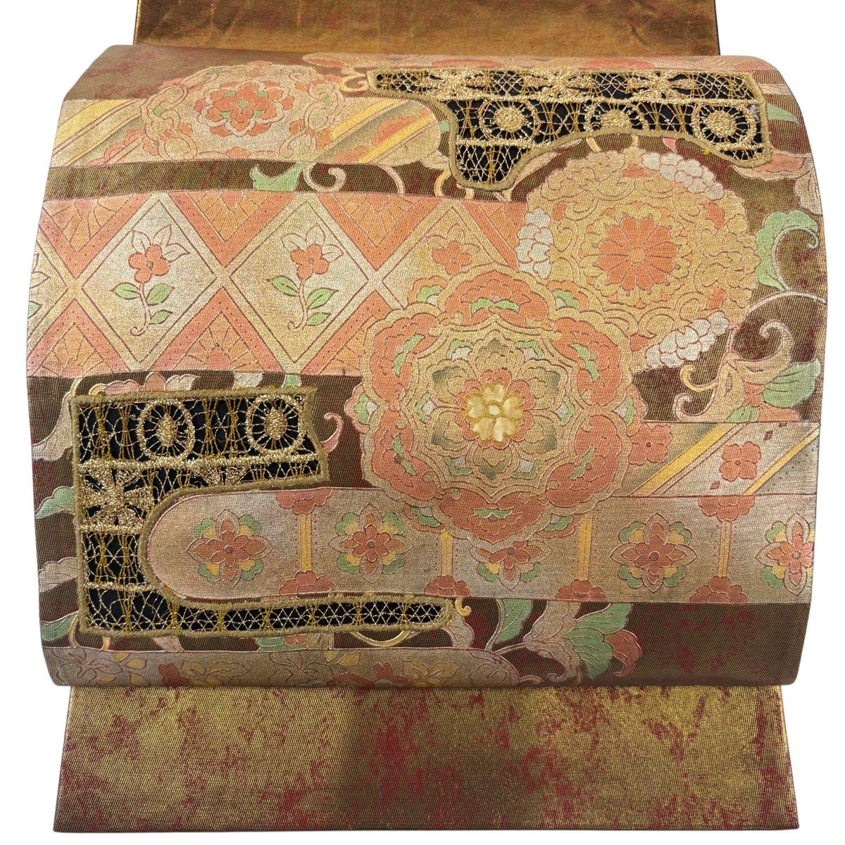 在庫一掃】 【美品】 袋帯 名品 華文 草花 箔 金銀彩 金色 お太鼓柄