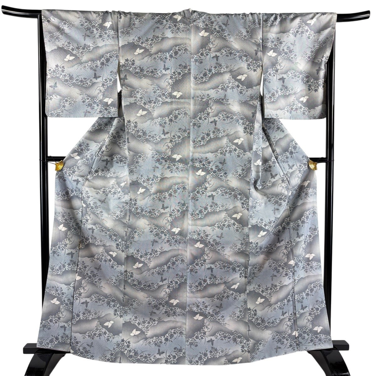 紬 身丈165.5cm 裄丈67cm M 袷 蝶 草花 青灰色 正絹 優品｜中古・古着