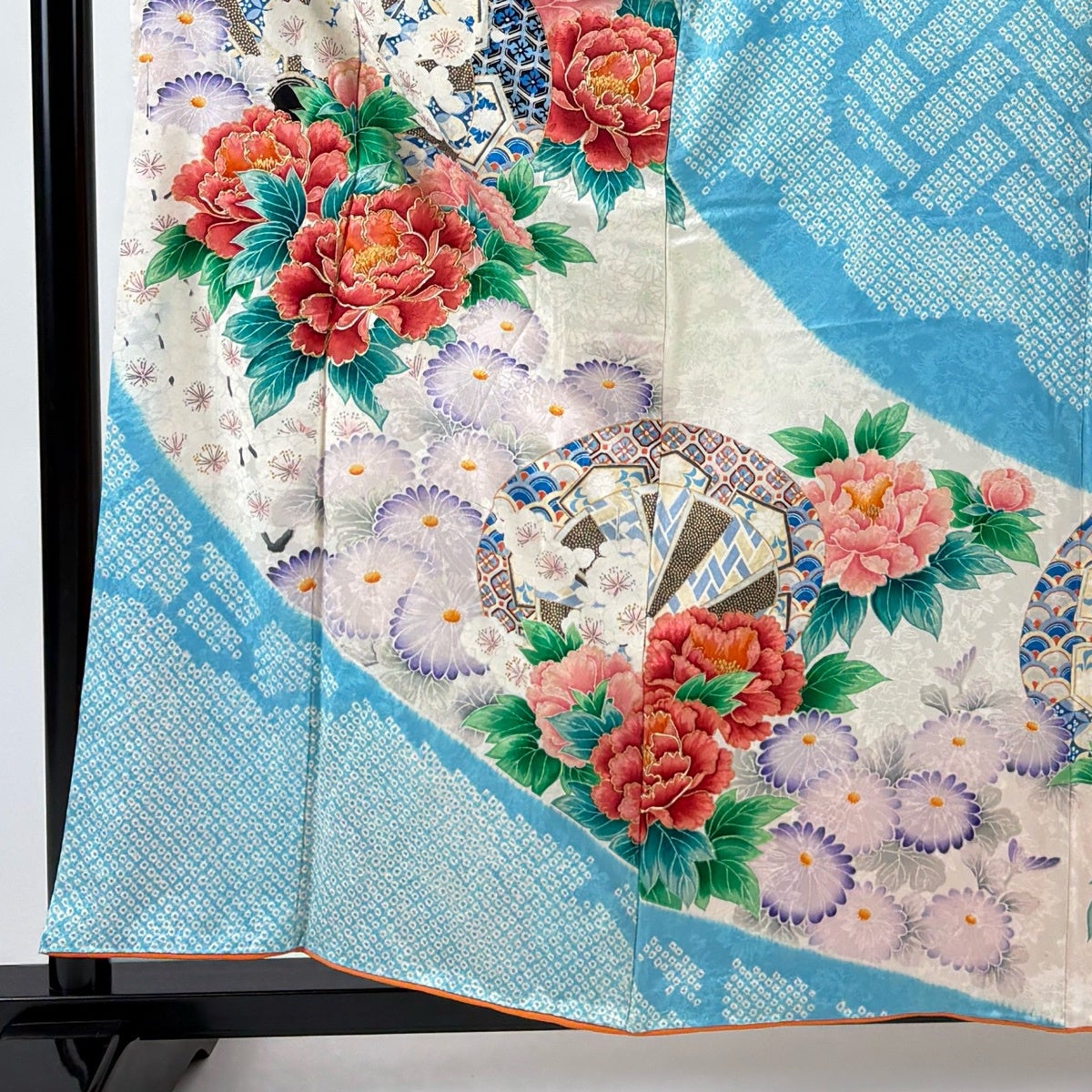 超美品　正絹　単　現代　琉球絣　紬　着物　153裄63.5 薄青　青　水色 振袖 身丈159cm 裄丈64.5cm M 袷 牡丹 片輪車 金糸 絞り 水色 正絹