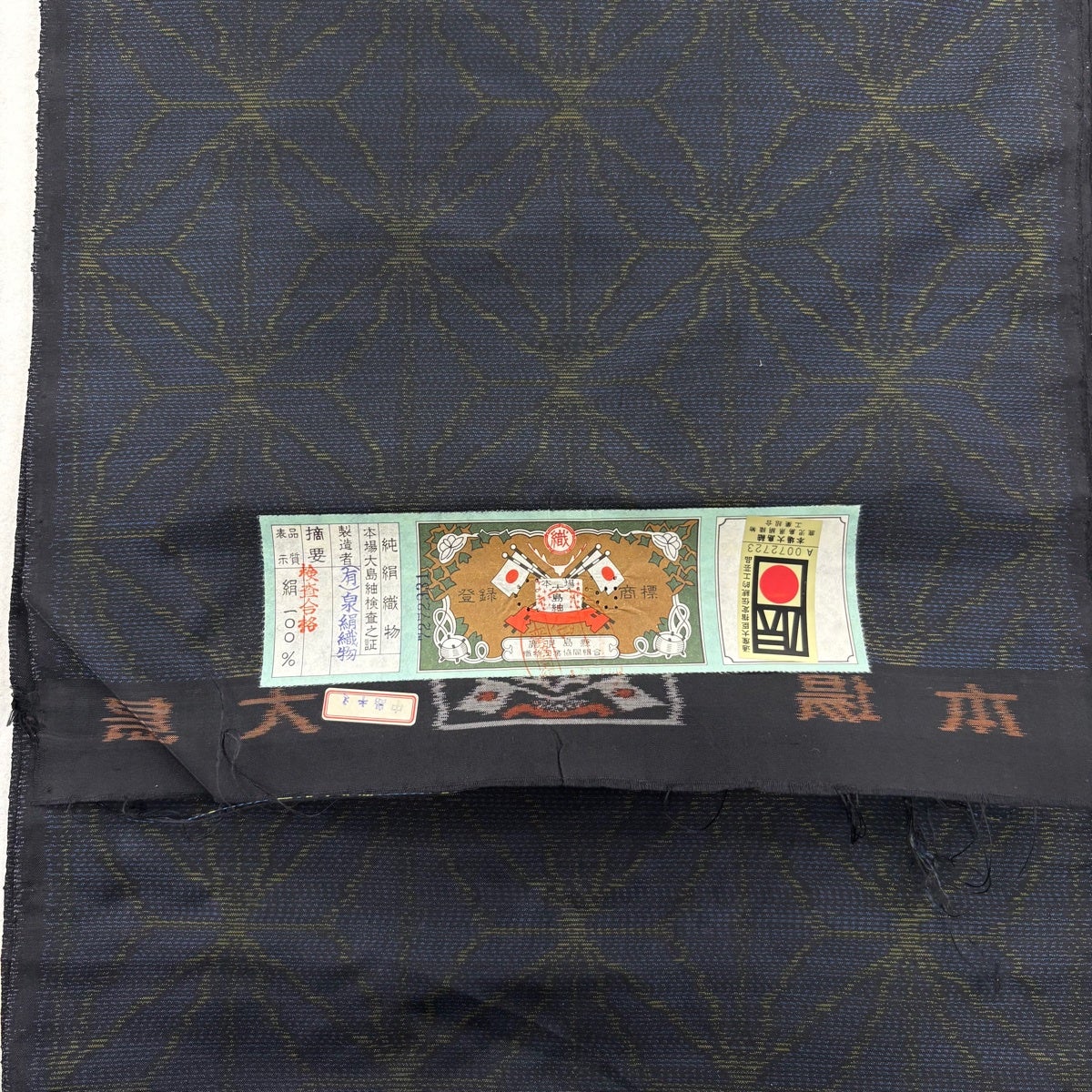反物 秀品 大島紬 証紙有 麻の葉 紺色 正絹｜中古・古着・リサイクル