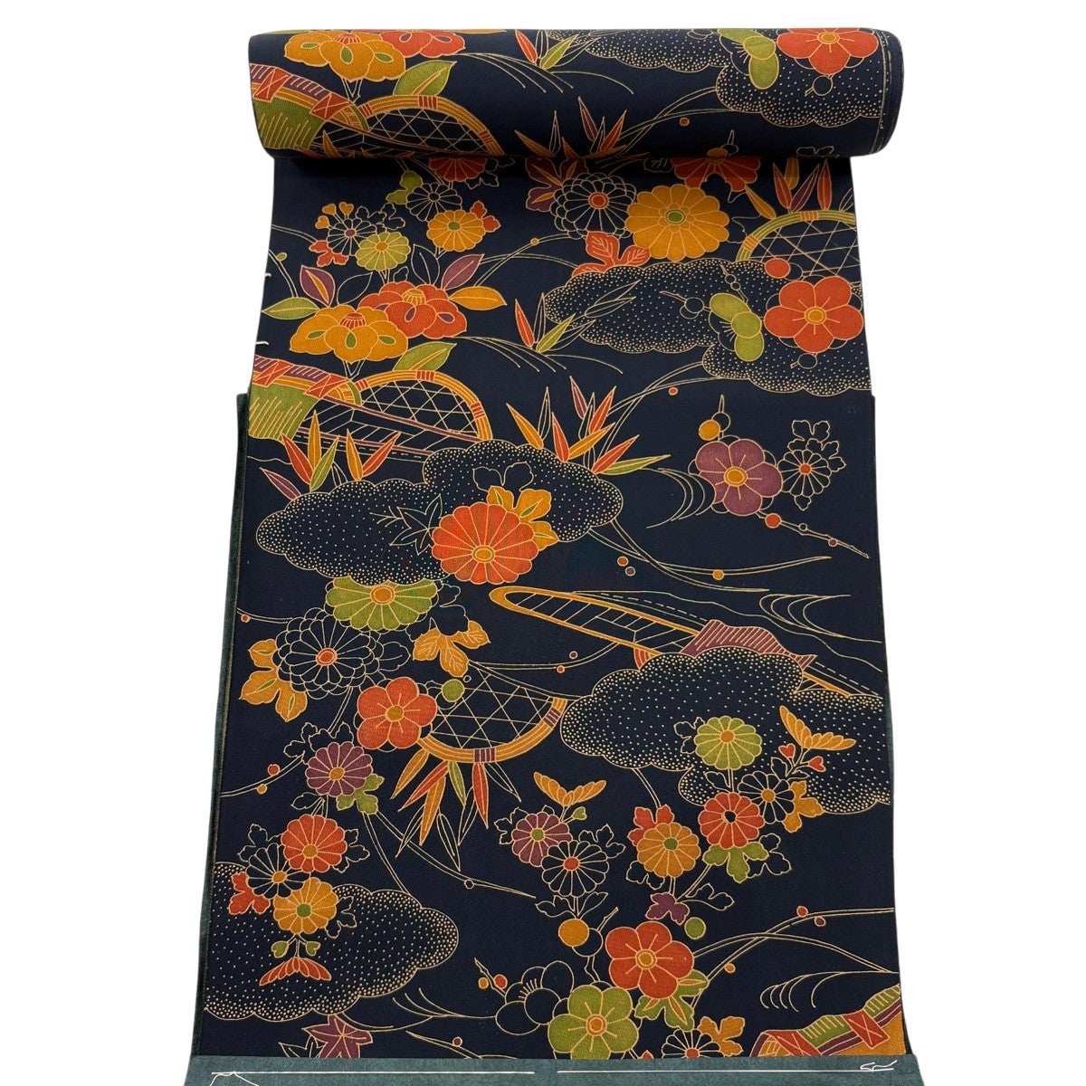 反物 優品 羽尺 羽織 和装コート 菊 梅 墨色 正絹｜中古・古着