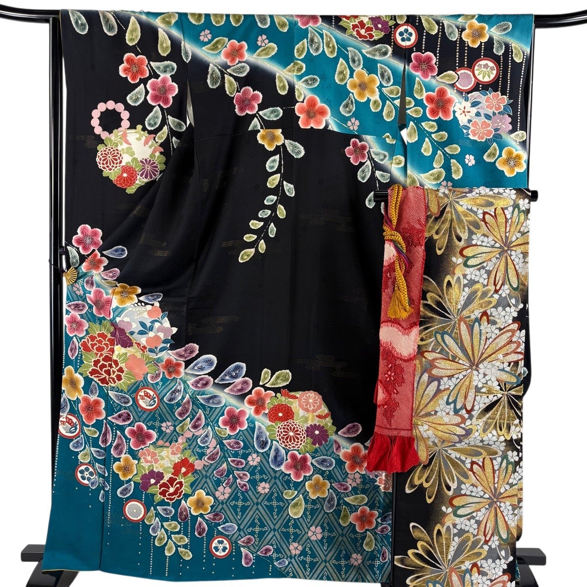美品】 振袖 身丈165cm 裄丈66cm M 袷 袋帯フルセット 草花 金糸 金銀