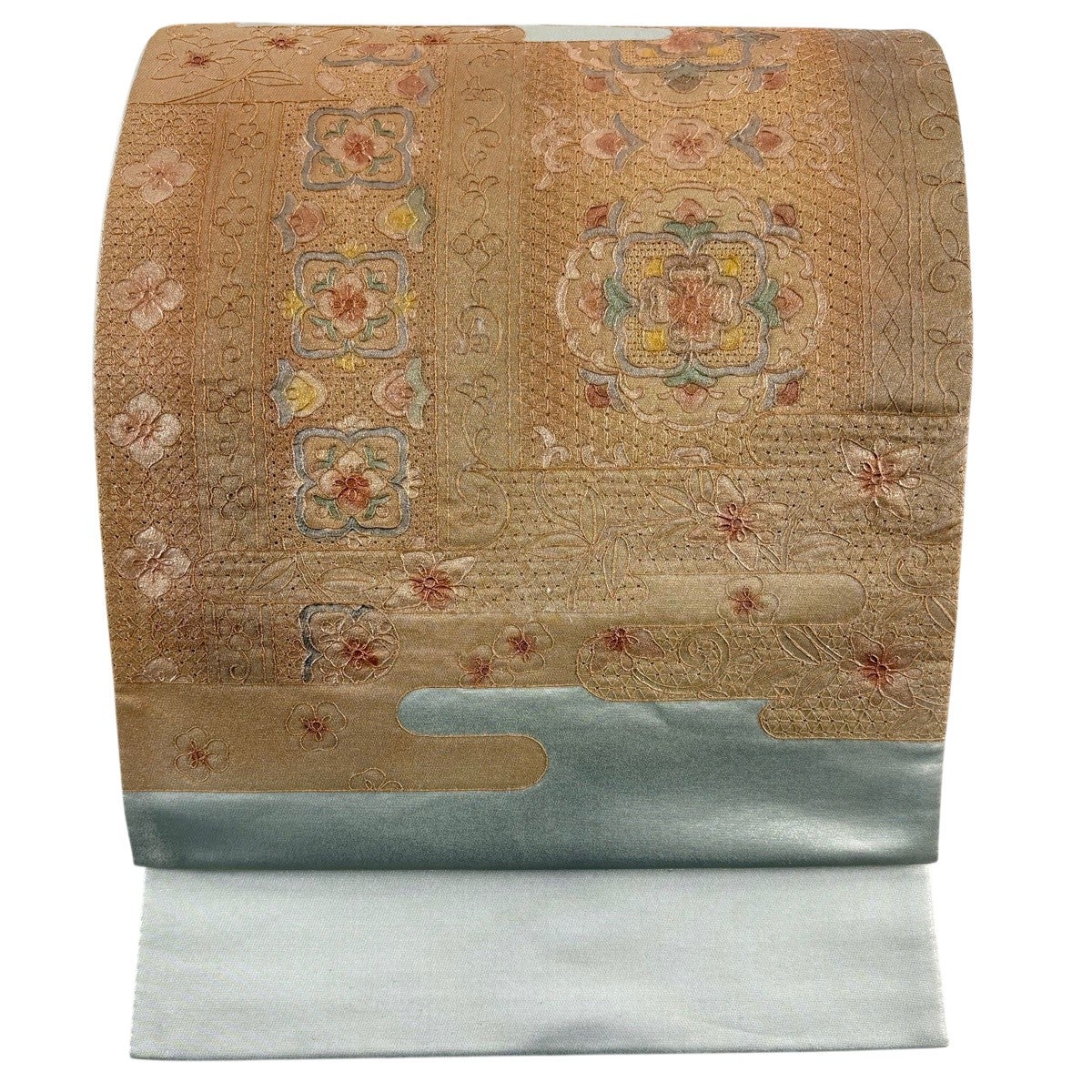 袋帯 秀品 関西仕立て 華文 ヱ霞 螺鈿 箔 深緑 お太鼓柄 正絹｜中古