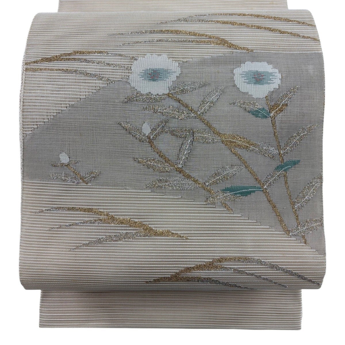 美品】 名古屋帯 秀品 夏帯 絽 松葉仕立て 草花 扇面 金銀糸 クリーム