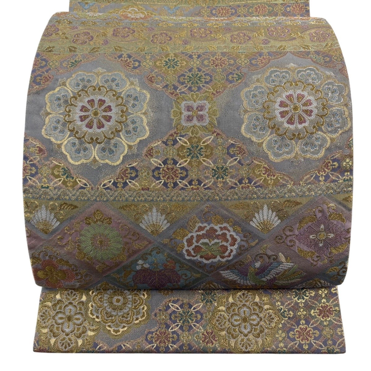 袋帯　本金箔　瑞鳥聚楽華苑 30%OFF 【美品】 袋帯 秀品 瑞祥金華文 華文 鳥 金銀糸 箔 灰色 六通