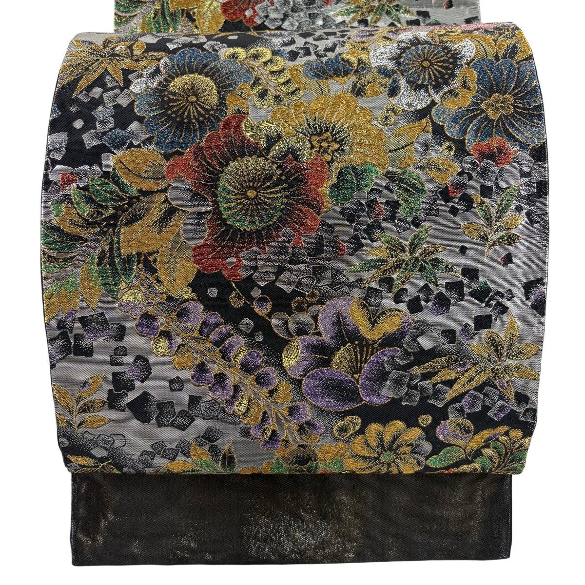 美品】 袋帯 秀品 宝尽くし 有職文様 金糸 箔 黒 六通 正絹｜中古