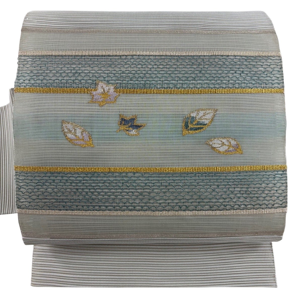 美品】 名古屋帯 秀品 夏帯 紗 花唐草 縞 刺繍 金銀糸 灰緑 正絹｜中古
