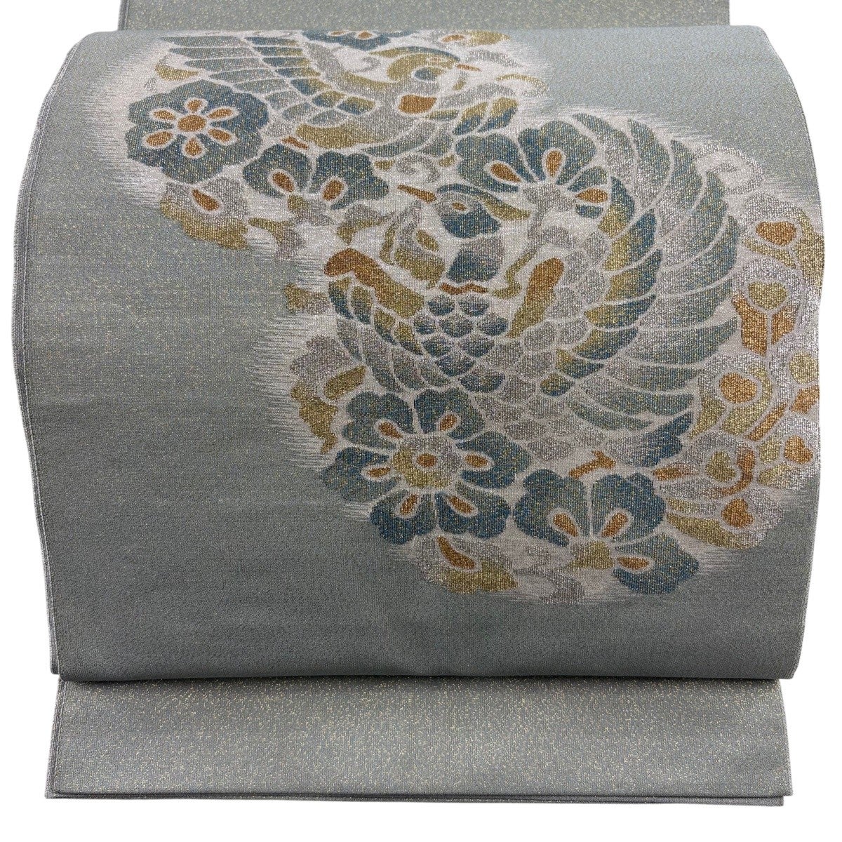 美品】 袋帯 秀品 向かい鳥 草花 金銀糸 刺繍 灰緑 全通 正絹｜中古