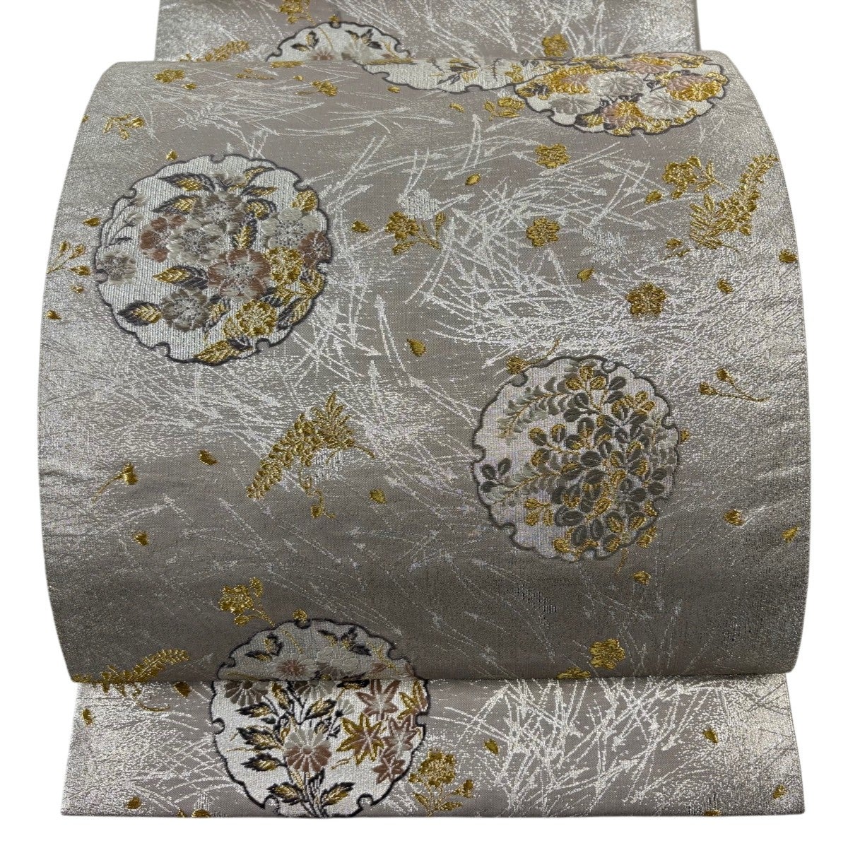 美品】 袋帯 秀品 雪輪 草花 金糸 箔 灰紫 六通 正絹｜中古・古着