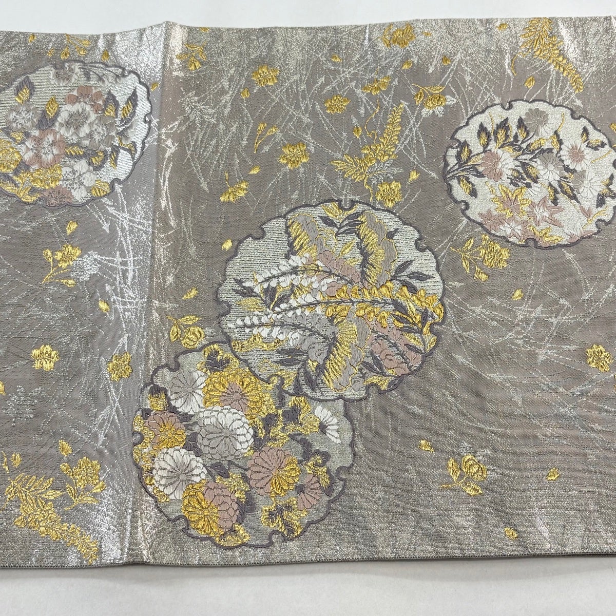 美品】 袋帯 秀品 雪輪 草花 金糸 箔 灰紫 六通 正絹｜中古・古着