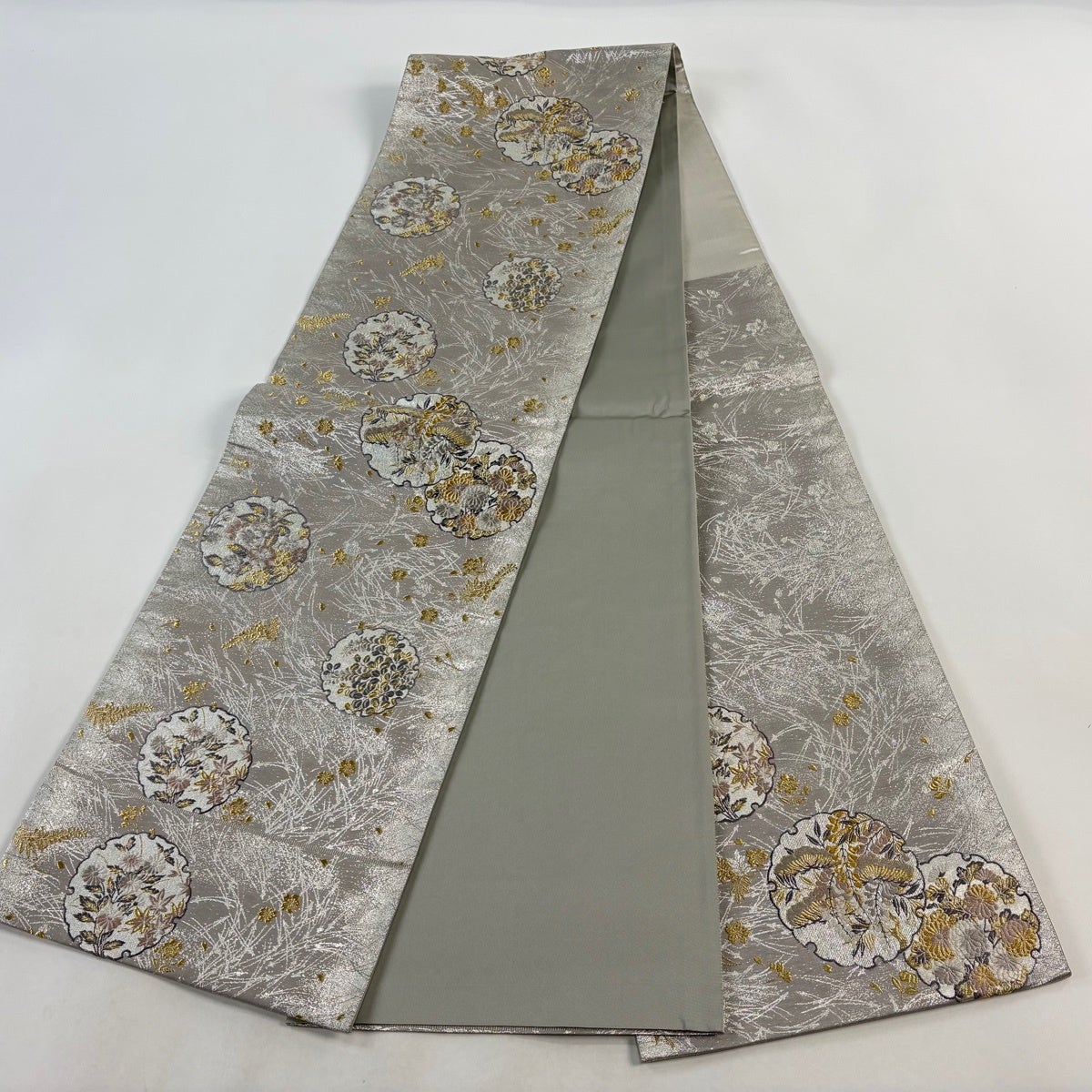 美品】 袋帯 秀品 雪輪 草花 金糸 箔 灰紫 六通 正絹｜中古・古着