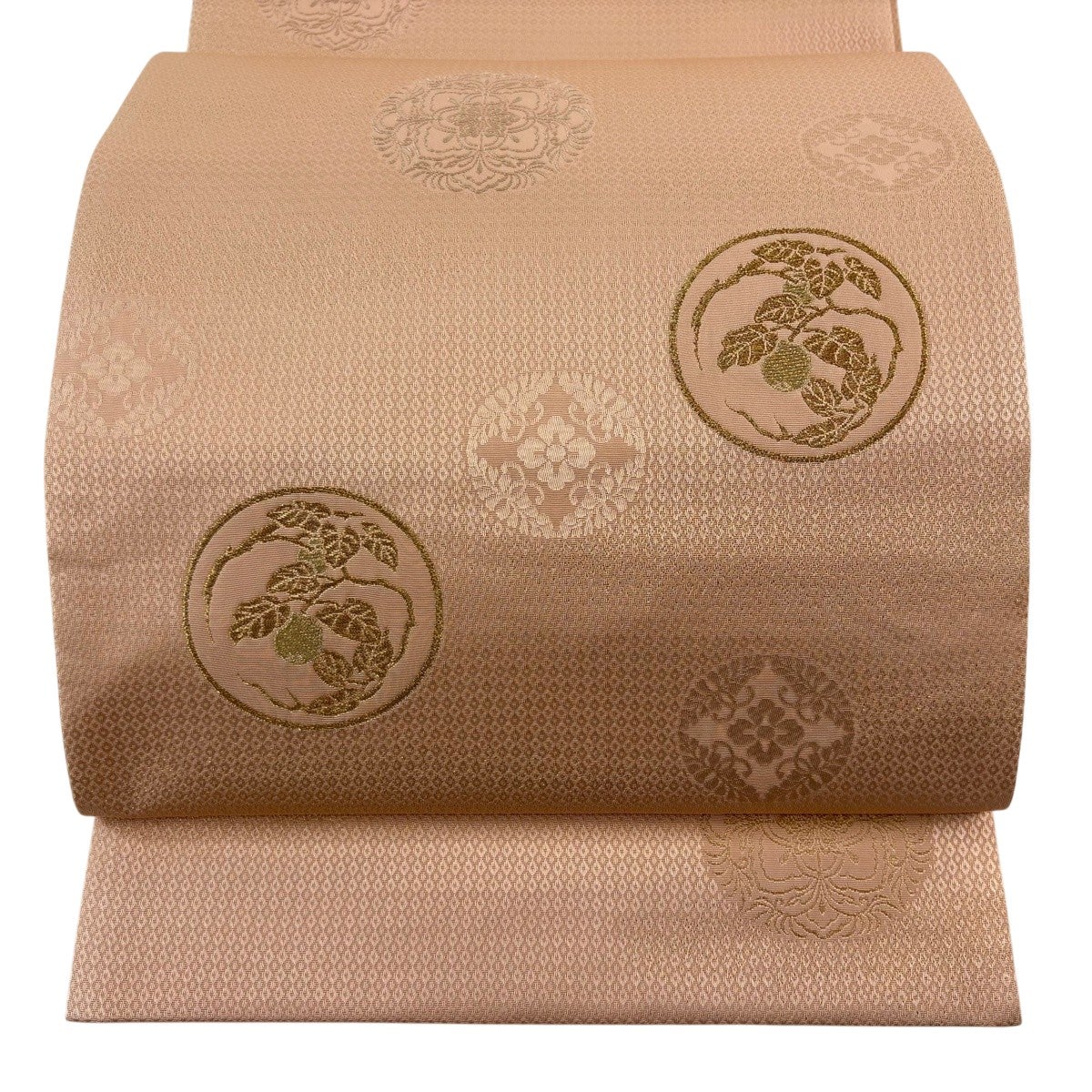 袋帯 秀品 生り物 霞 金糸 箔 サーモンピンク お太鼓柄 正絹｜中古