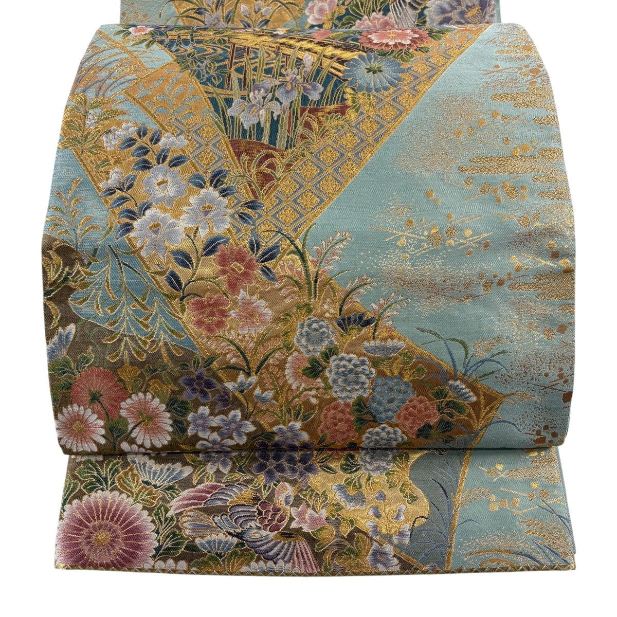 袋帯 秀品 熨斗 牡丹 箔 金糸 水色 六通 正絹|中古・古着・リサイクル 袋帯 秀品 熨斗 牡丹 箔 金糸 水色 六通 正絹|中古・古着・リサイクル