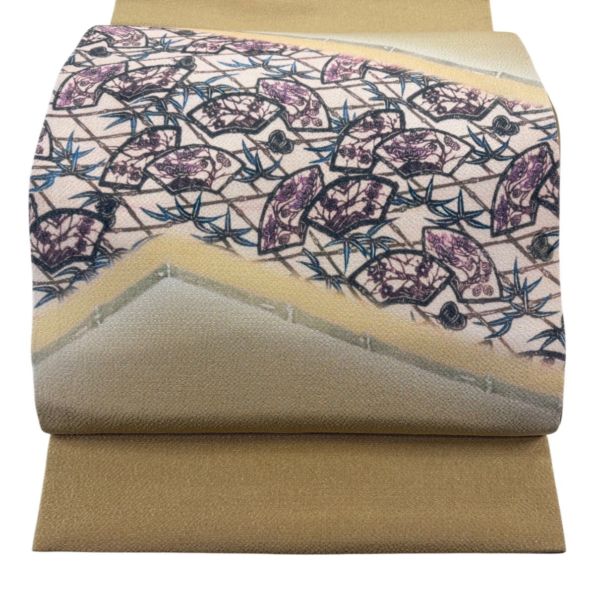 美品】 袋帯 秀品 松竹梅 扇面 ぼかし 薄黄土色 お太鼓柄 正絹｜中古