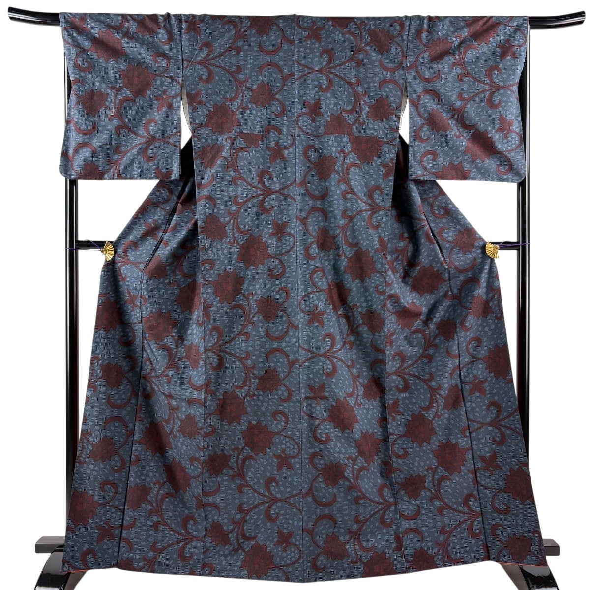 紬 身丈159.5cm 裄丈64cm M 袷 梅 幾何学模様 墨色 正絹 名品｜中古