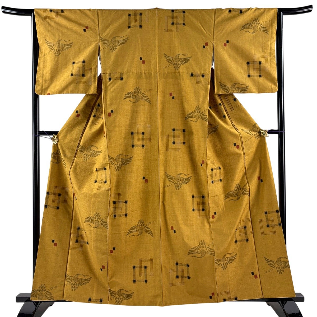 美品】 紬 身丈160cm 裄丈63.5cm S 袷 鶴 幾何学模様 山吹茶色 正絹