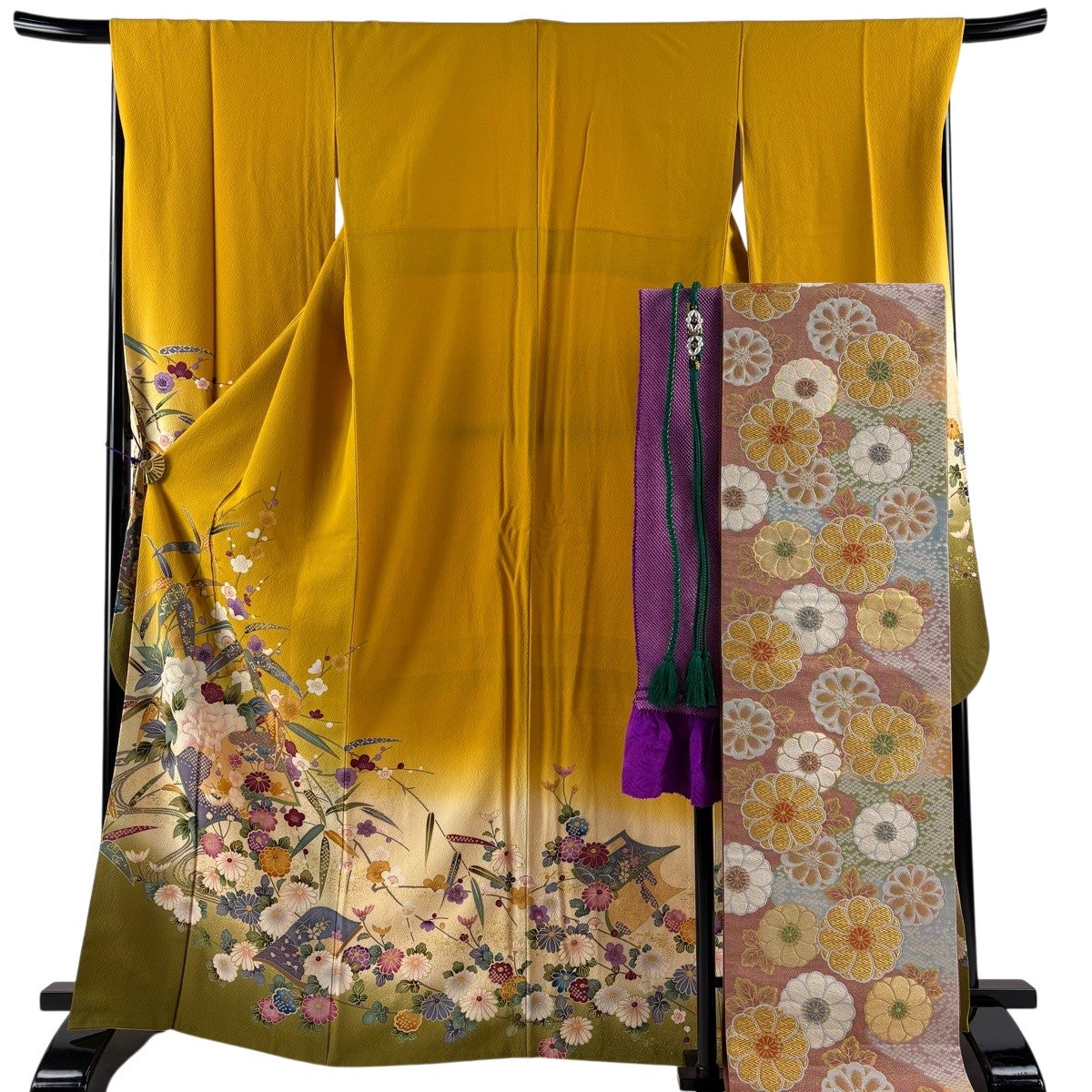 振袖 身丈175cm 裄丈67cm M 袷 袋帯フルセット 菊 桜 金彩 染め分け 青