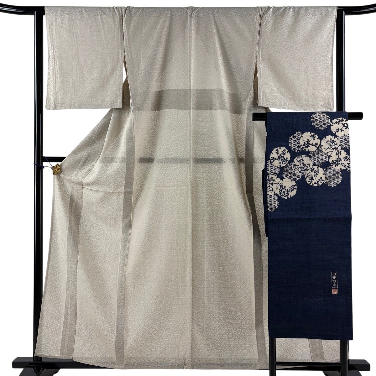 美品】 小紋 身丈160.5cm 裄丈63.5cm S 薄物 名古屋帯セット 波頭