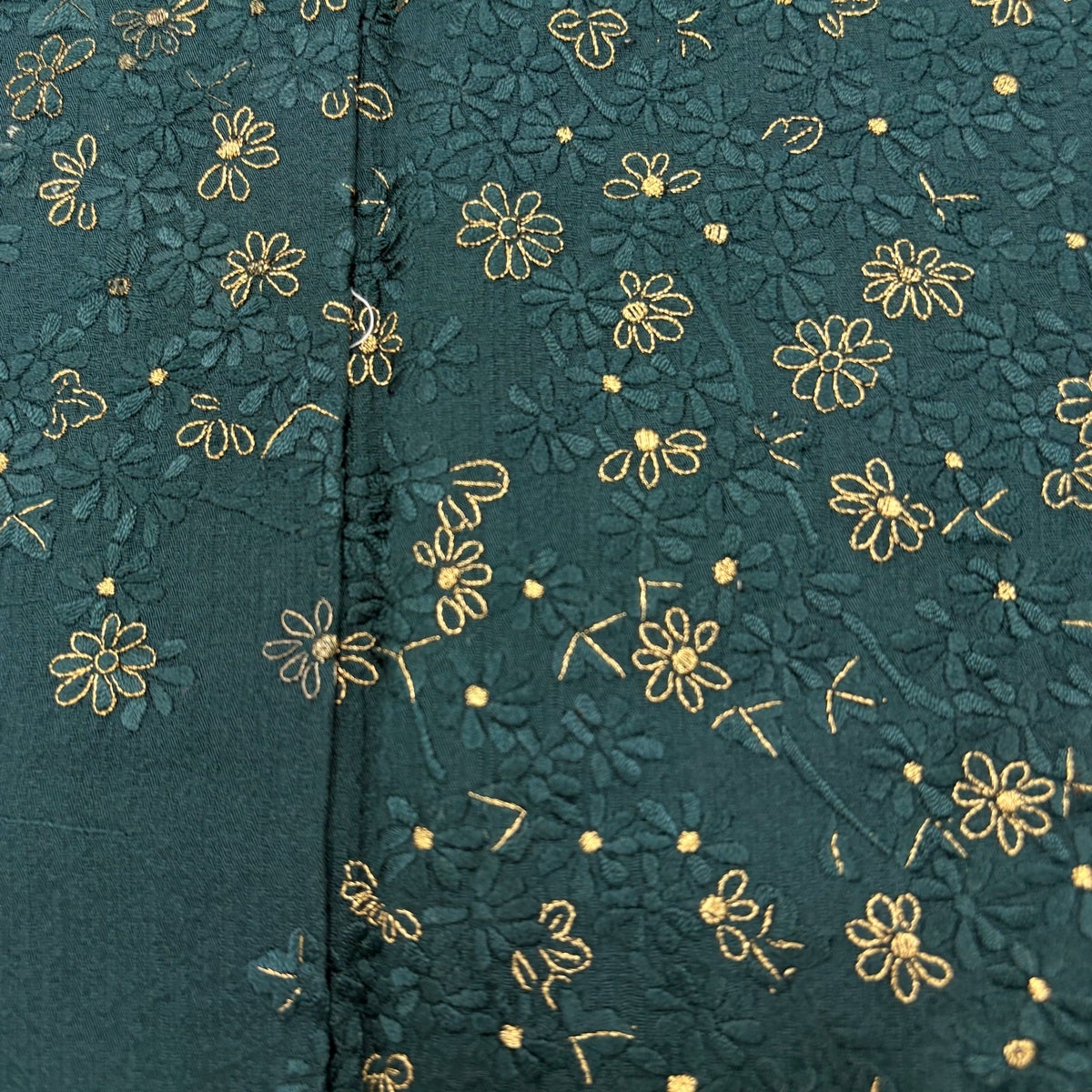 付下げ 身丈168cm 裄丈69cm L 袷 花柄 流水 刺繍 金糸 深緑 正絹 秀品