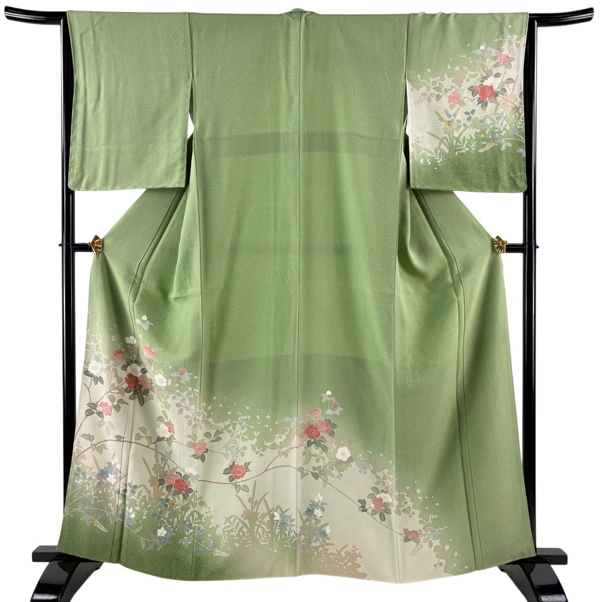 訪問着 身丈161.5cm 裄丈65cm M 袷 落款あり 枝花 霞 螺鈿 金彩 薄緑