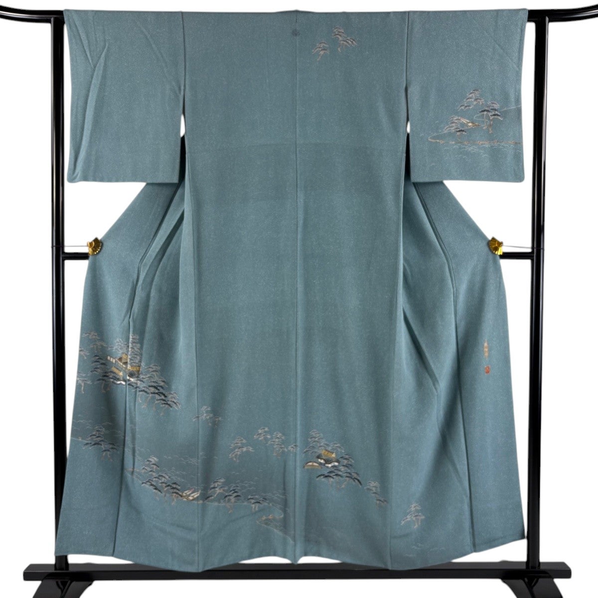 訪問着 身丈159.5cm 裄丈62cm S 袷 紬地 草花 笹 刺繍 黒 正絹 秀品 一