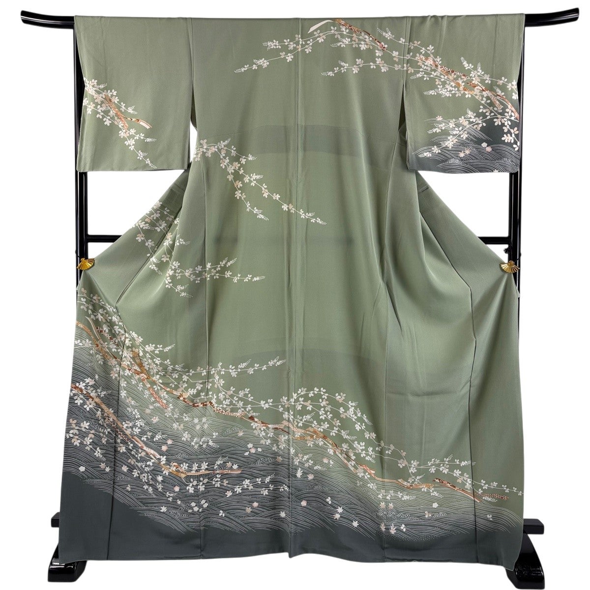美品】 訪問着 身丈170cm 裄丈66.5cm M 袷 蔓帯 萩 金糸 金彩 薄緑