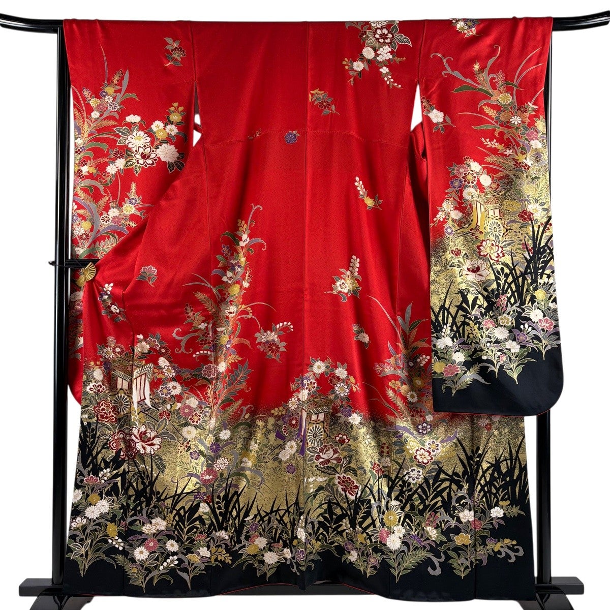 振袖 身丈159.5cm 裄丈66cm M 袷 御所車 草花 金糸 金彩 赤 正絹 秀品