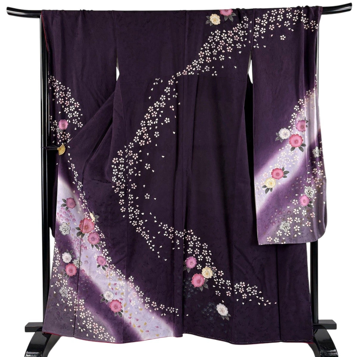 振袖 身丈163.5cm 裄丈70cm L 袷 桜 花びら 金糸 金彩 濃紫 正絹 秀品