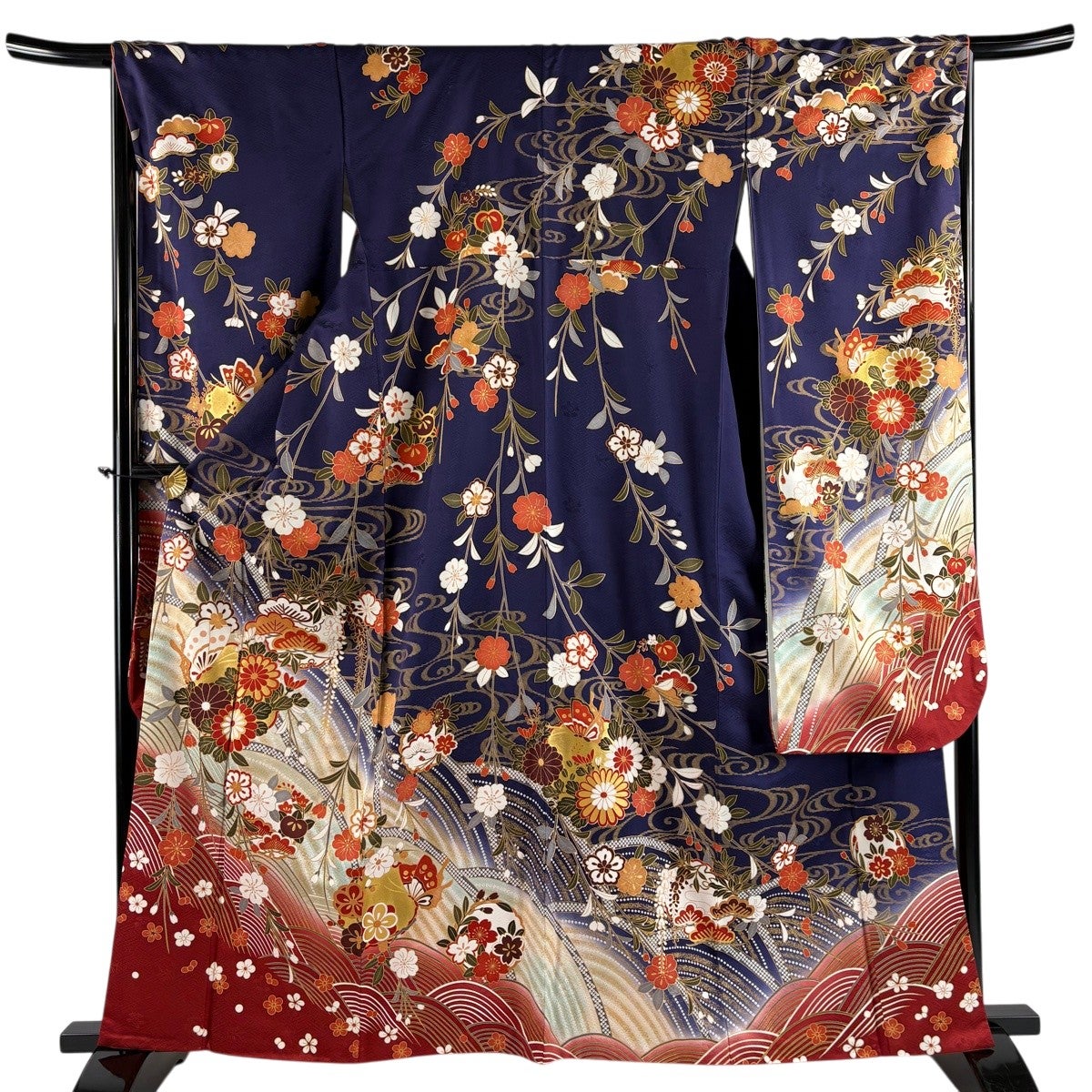 振袖 身丈163cm 裄丈67cm M 袷 蝶 菊 金彩 ぼかし 濃紫 正絹 秀品