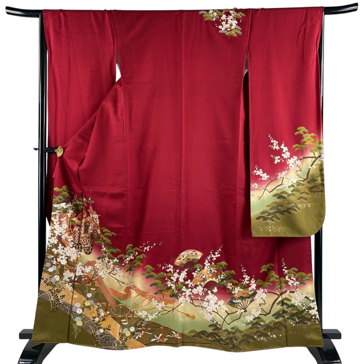 振袖 身丈159cm 裄丈64.5cm M 袷 梅 波 金彩 絞り 茶色 正絹 名品