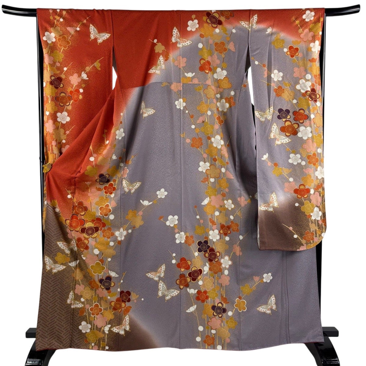 振袖 身丈166cm 裄丈66.5cm M 袷 枝梅 蝶 金糸 金彩 朱色 正絹 秀品