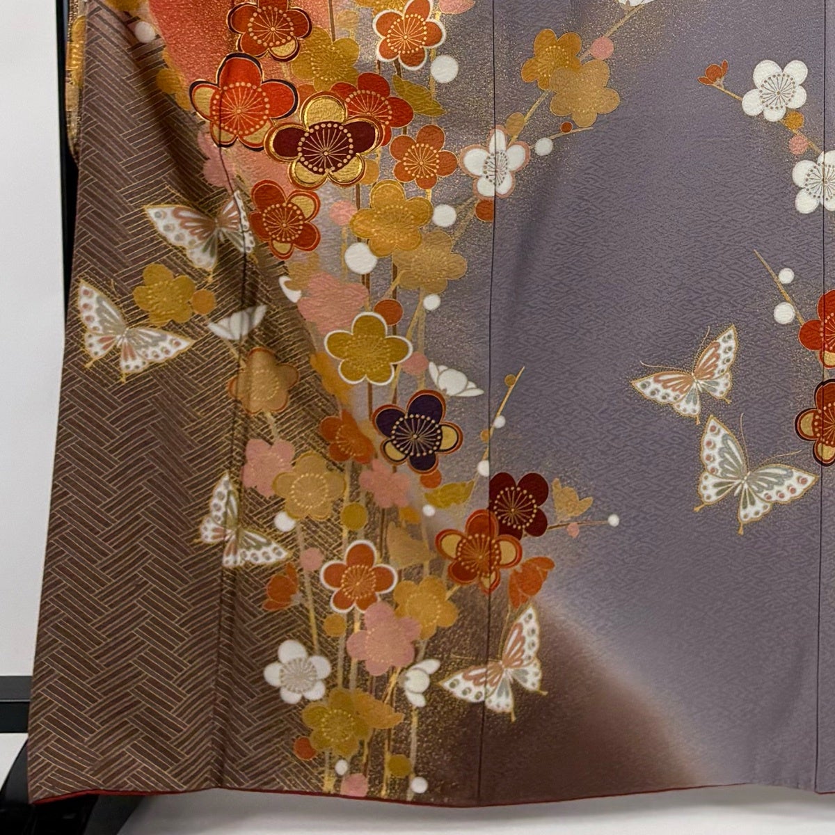 振袖 身丈166cm 裄丈66.5cm M 袷 枝梅 蝶 金糸 金彩 朱色 正絹 秀品