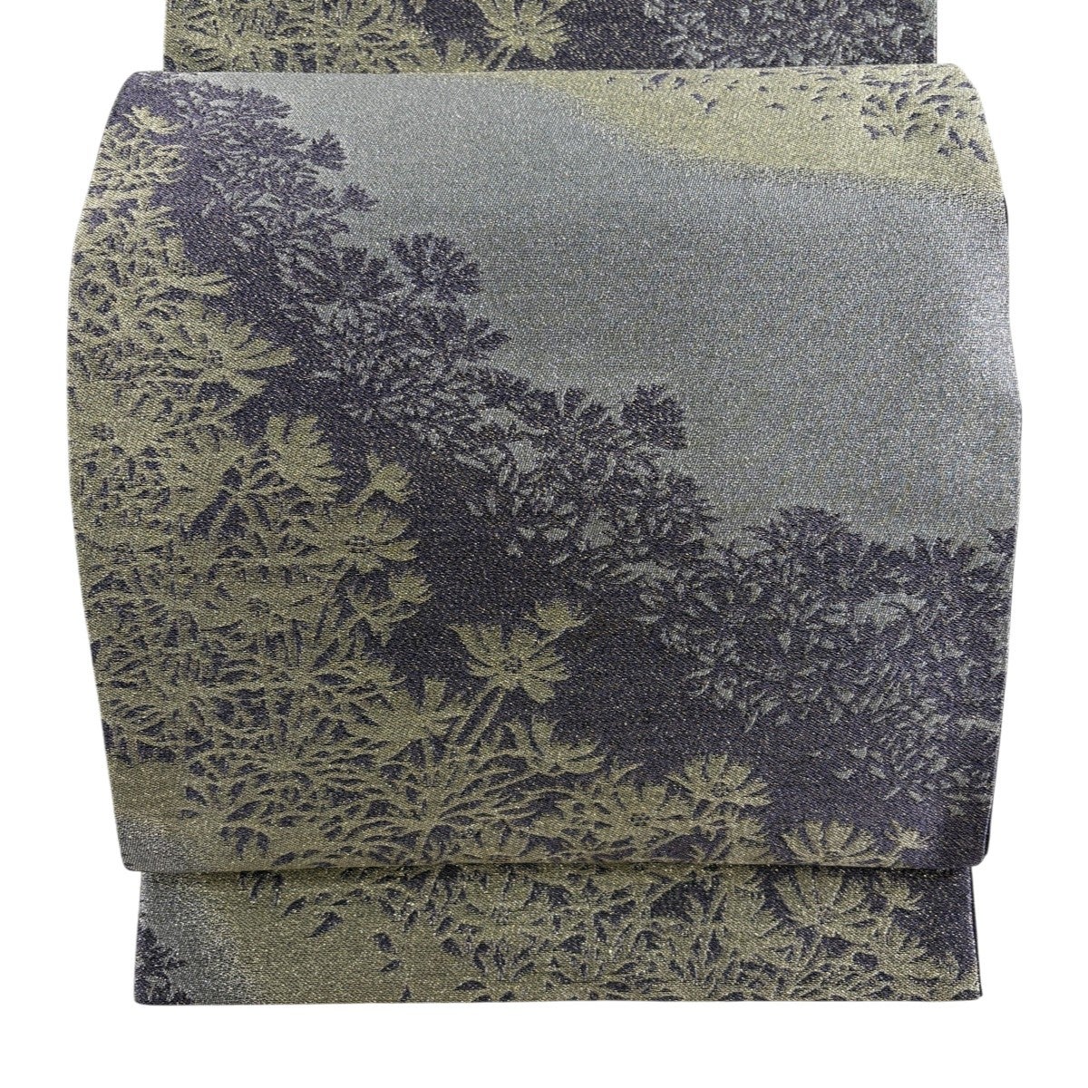 袋帯 名品 落款あり やまと 草花 シルエット 箔 灰紫 全通 正絹｜中古