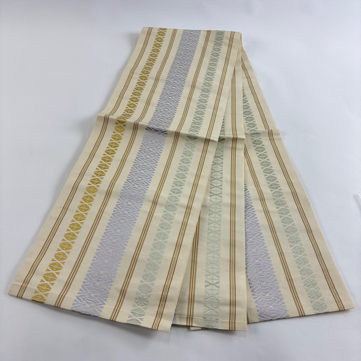 名古屋帯 名品 八寸名古屋帯 縞 幾何学模様 クリーム 正絹｜中古・古着