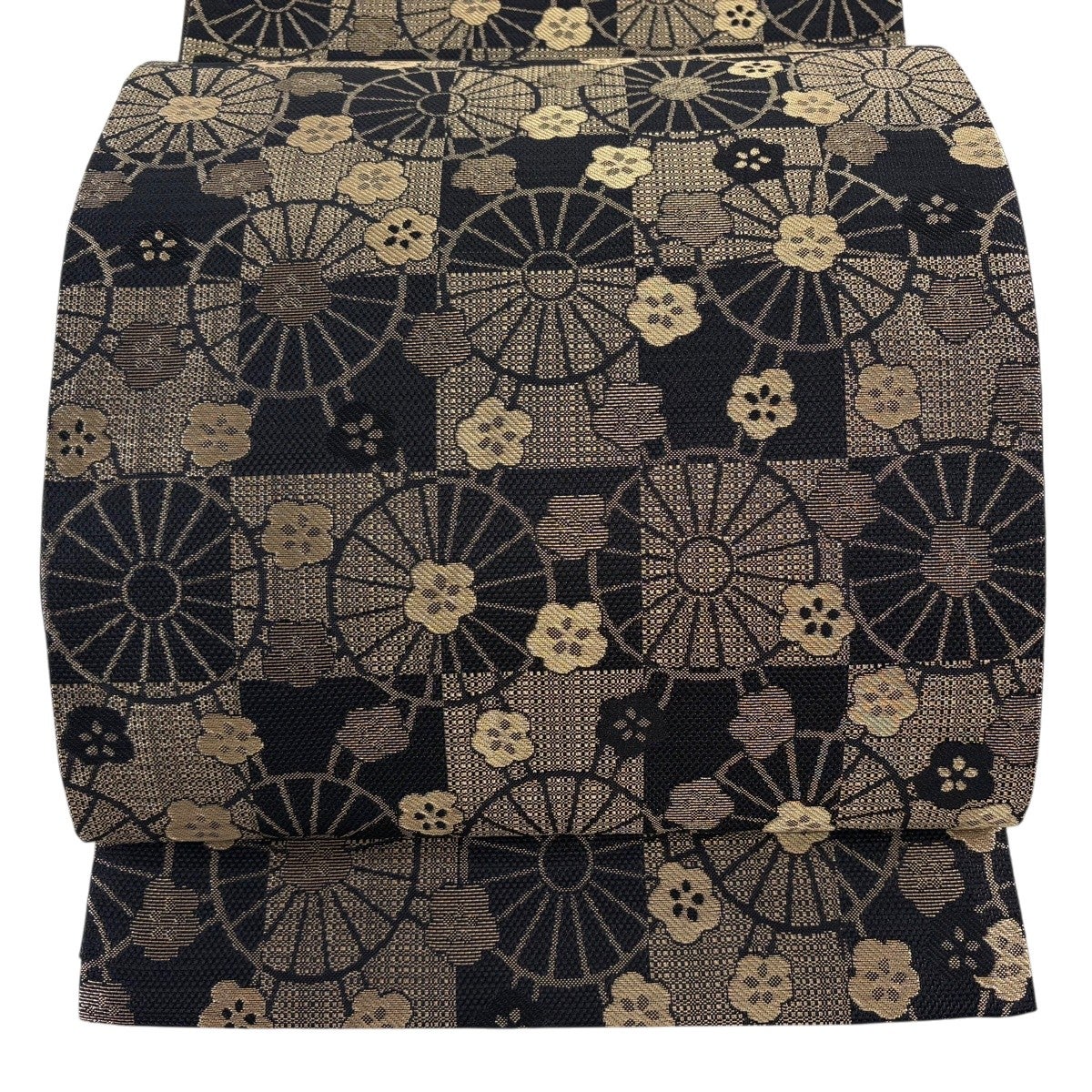 美品】 袋帯 逸品 斉藤上太郎 落款あり 花唐草 箔 黒 六通 正絹｜中古