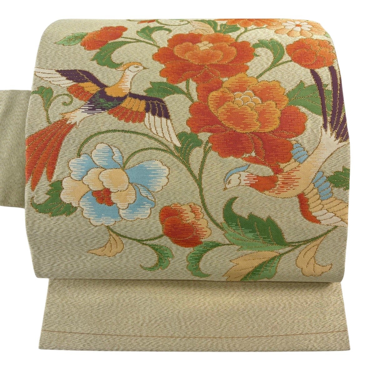▲606mn102▲夏帯 桐鳳凰文 花唐草 鳥 金糸 銀糸 名古屋帯▲美品 名古屋帯 優品 関西仕立て 尾長鳥 草花 金糸 金色 正絹｜中古・古着