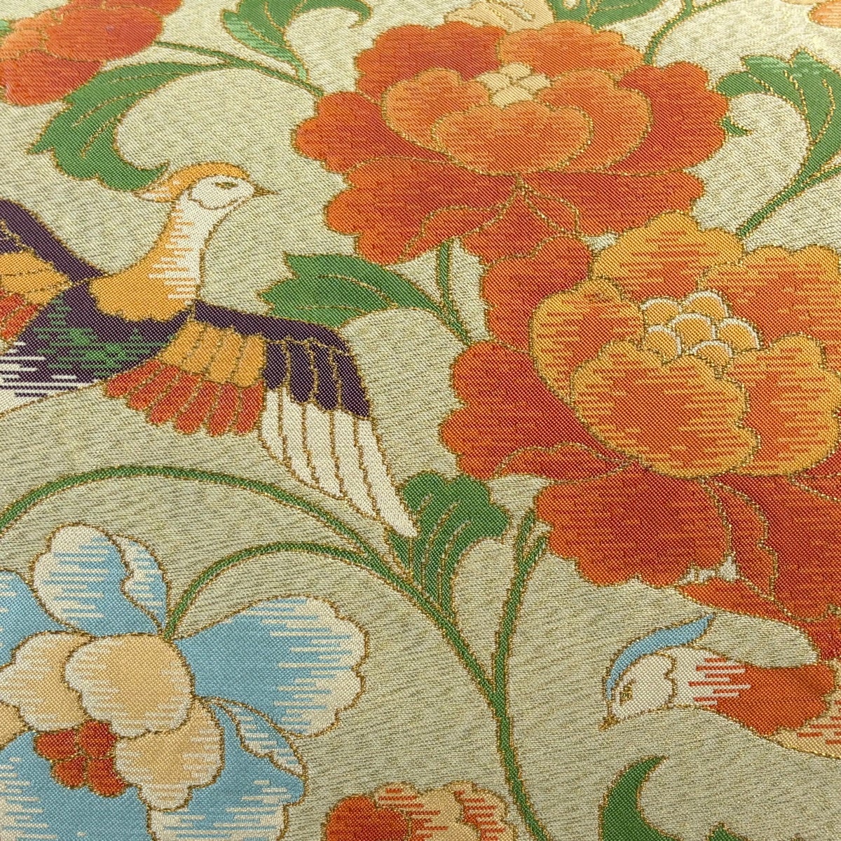 名古屋帯 優品 関西仕立て 尾長鳥 草花 金糸 金色 正絹｜中古・古着