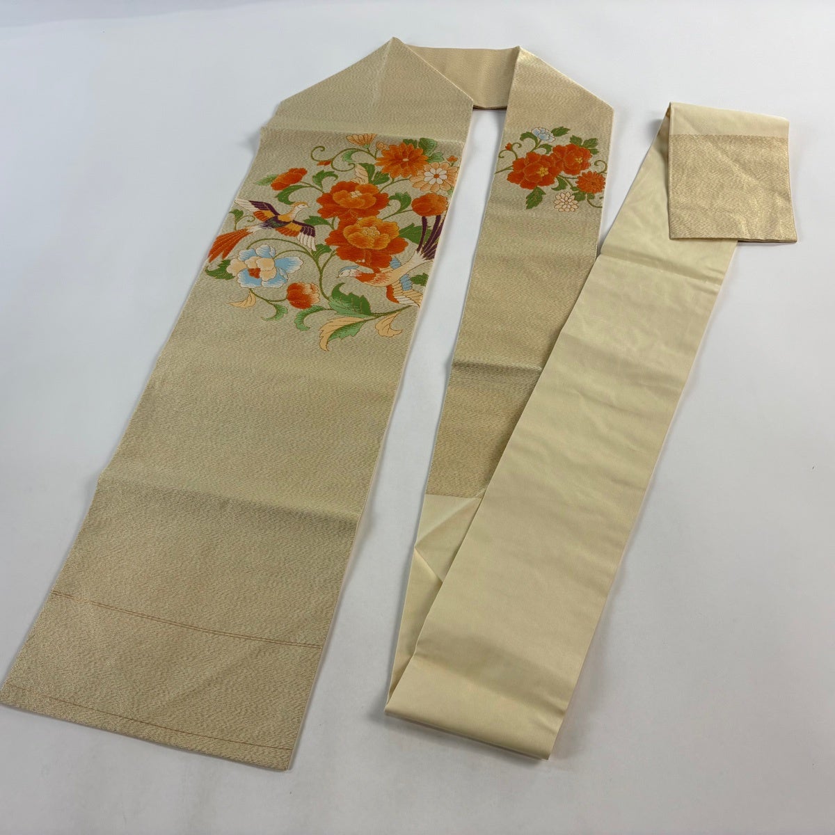 名古屋帯 優品 関西仕立て 尾長鳥 草花 金糸 金色 正絹｜中古・古着