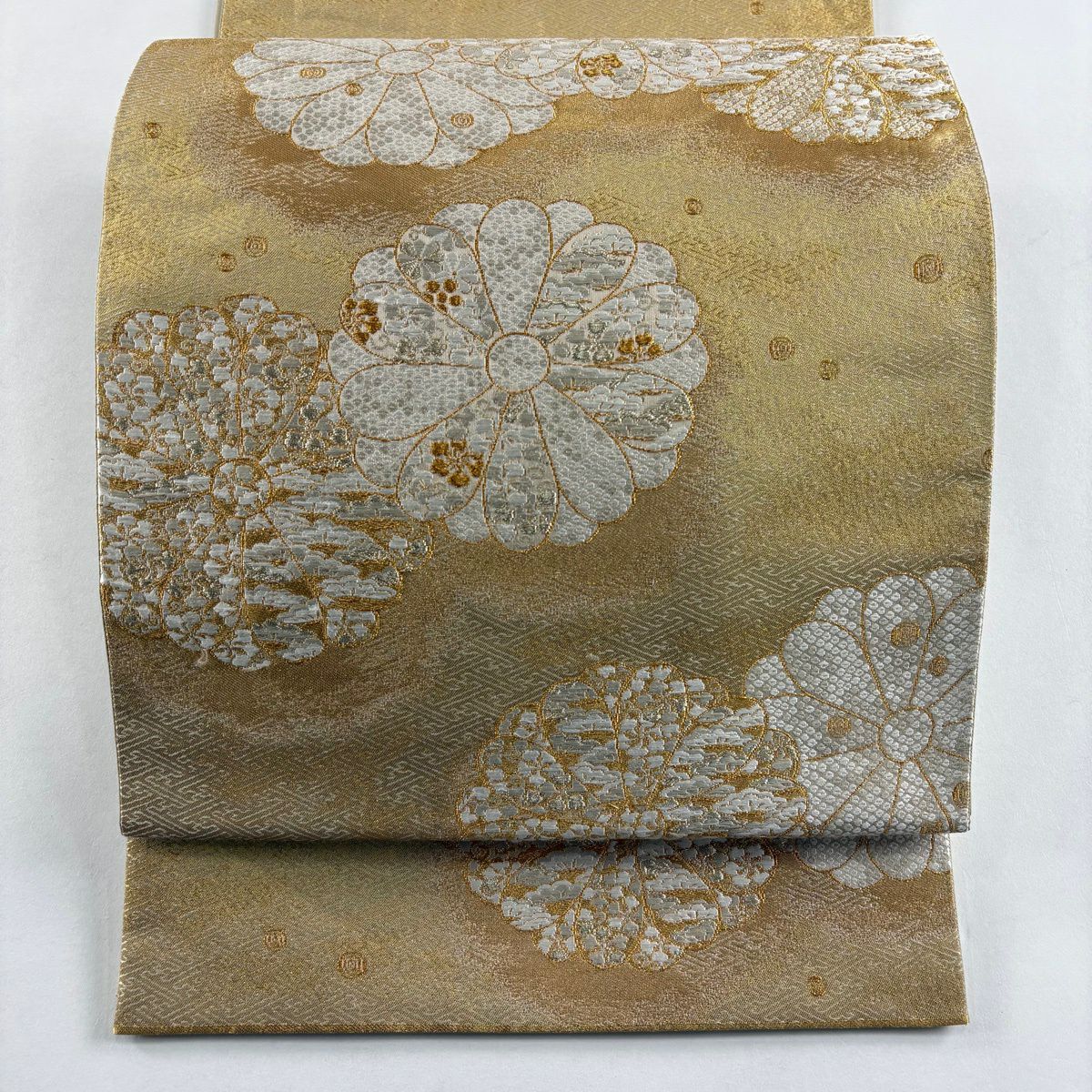 袋帯 名品 加納幸 落款あり 華文 向鳥 金糸 箔 金色 お太鼓柄 正絹