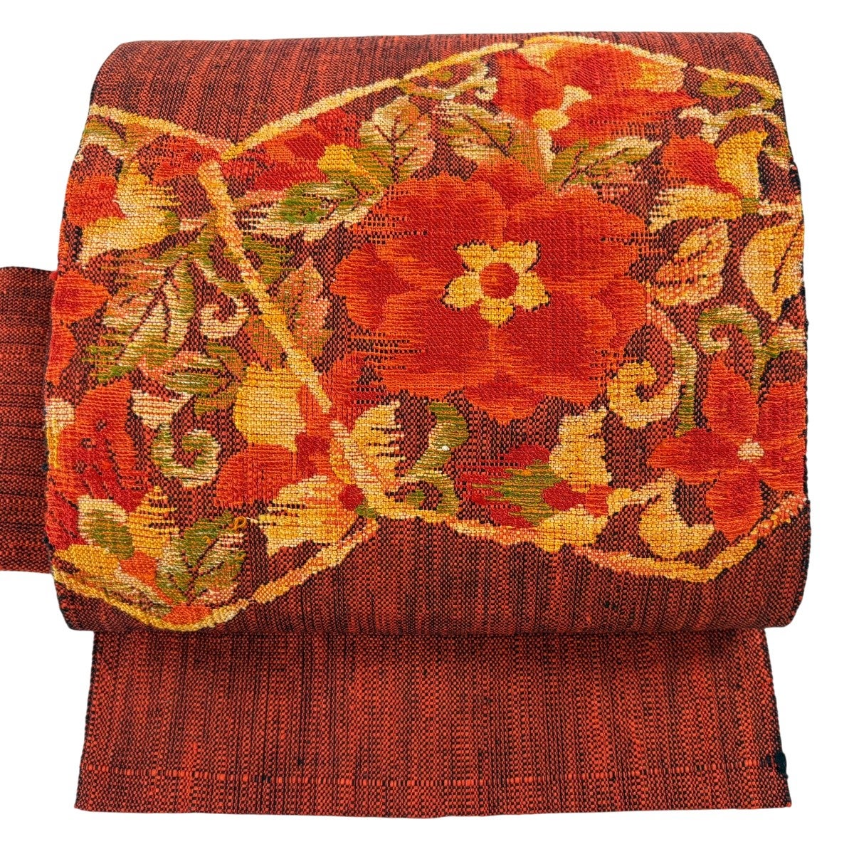 ユ12夏帯　名古屋帯 松葉 刺繍　草花柄 羅　ベージュ　美品 着物帯 名古屋帯 優品 八寸名古屋帯 松葉仕立て 花唐草 流水 ベージュ 正絹